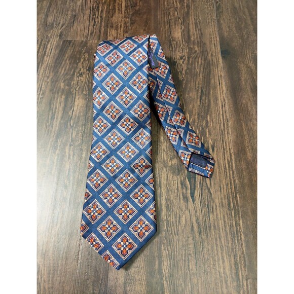 BARBARA BLANK NAVY BLUE ORANGE GEOMETRIC WOVEN 100% SILK NECK TIE HAND MADE USA - Picture 1 of 4